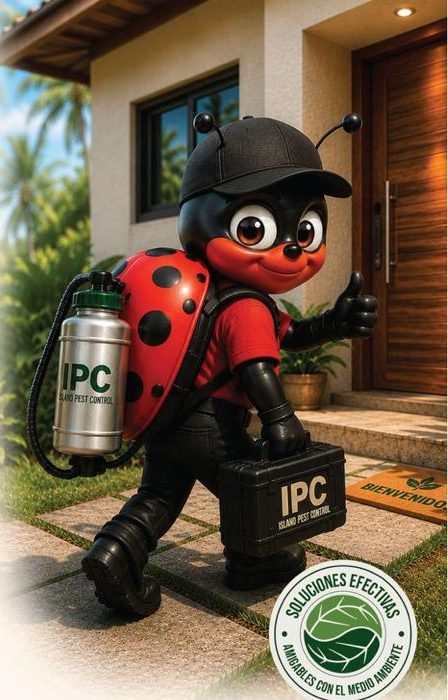 IPC mascot: a ladybug technician in a black cap carrying an IPC sprayer and toolbox at the front door of a Roatan home